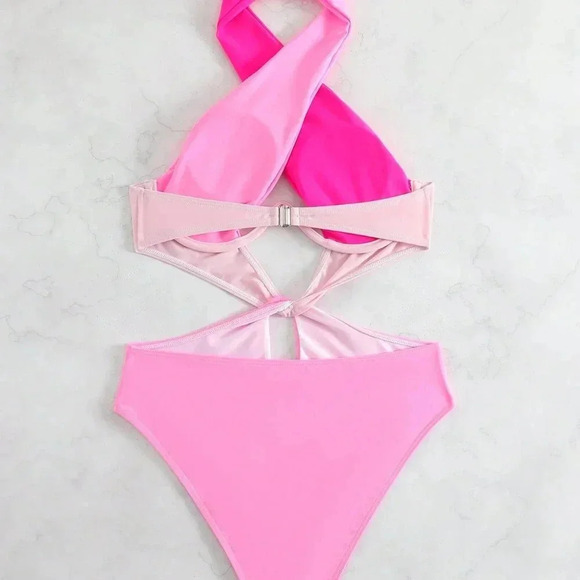 Pink Sexy Women's Beach Colorblock Cut-Out Halter One Piece Swimsuit - Picture 4 of 7